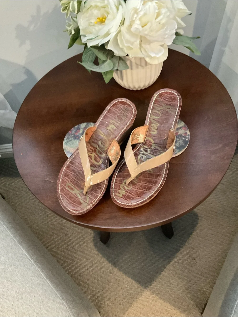 Sam Edelman Beige Thong Sandals with Tan Croc-Print Footbed